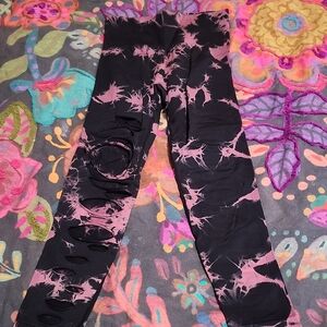 Black And Pink Tye Dye Ripped Up Leggings